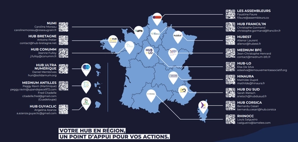 carte des différents hubs avec leurs contacts