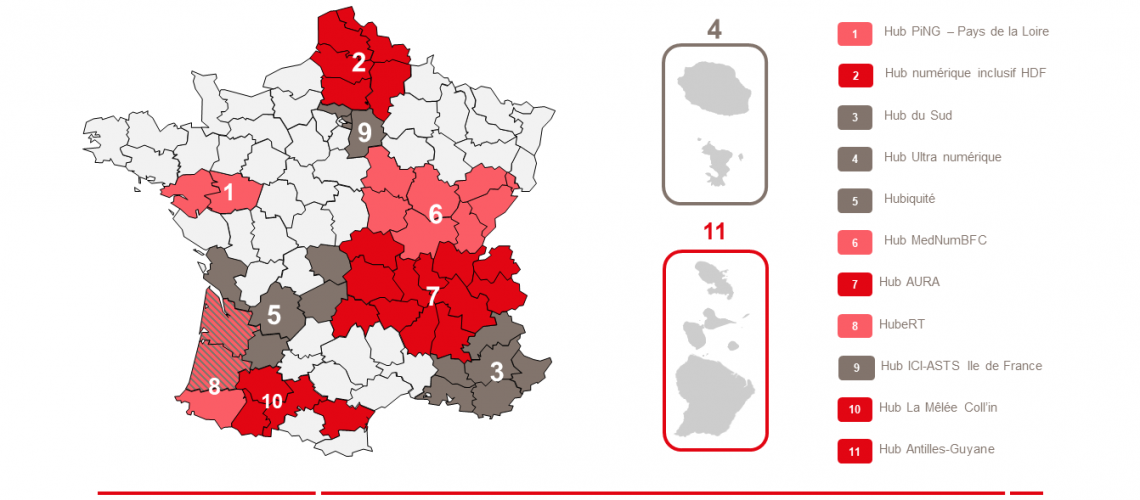 carte de France avec les régions conccernées par les Hubs de première vague.